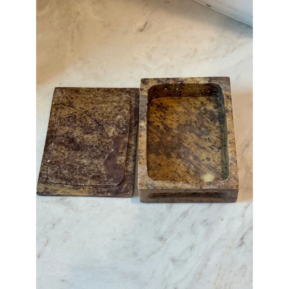 Vintage Soapstone Trinket Box Brown Brass Cross Inlay Carved India Handmade